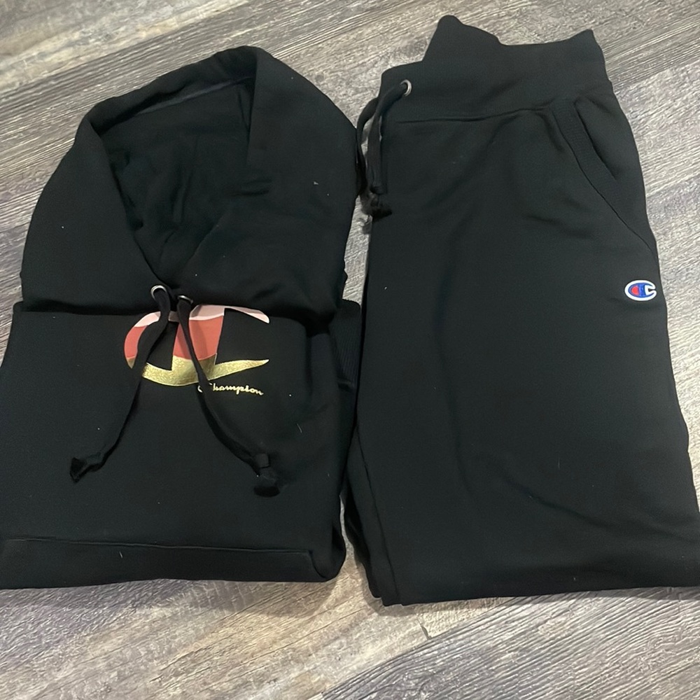Champion sweatshirt and sweatpants set.